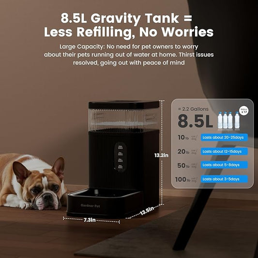 Gardner Pet Automatic Dog Water Dispenser Gravity Waterer with Stainless Steel Bowl Water Dispenser 8.5L Large Capacity Water Feeder for Dogs Cats Pets, BPA-Free Noise-Free (Black, 8.5L)