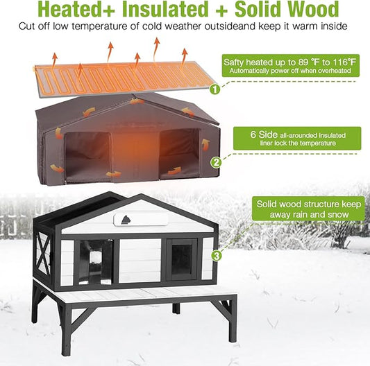 GUTINNEEN Heated Outdoor Cat House Insulated Feral Cat Shelter Weatherproof for Winter with Heater and Insulated Liner, 39.1" L x 31.7" W x 30.4" H, White and Black