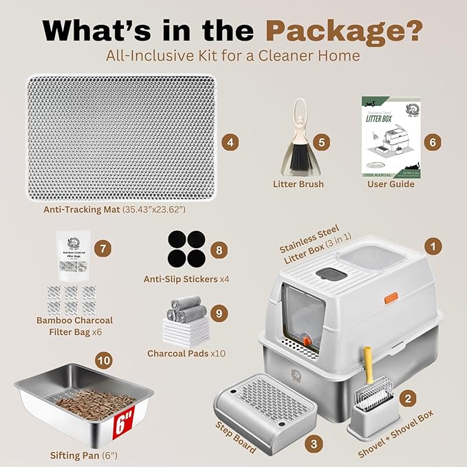 XXL Stainless Steel Sifting Litter Box with Lid, Fully Enclosed 8" Deep Metal Cat Litter Box, Leak-Proof, for Pine Pellets or Clumping Litter, for Large & Multi-Cats, with Litter Mat & Scooper & Brush