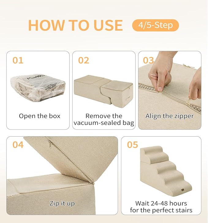 Made4Pets Dog Stairs Ramp for High Bed, 5-Step Pet Stairs for Bed Couch Sofa Climbing, 35D Foam Pet Steps for Small Dogs and Cats, Non-Slip Bottom Dog Steps, Beige
