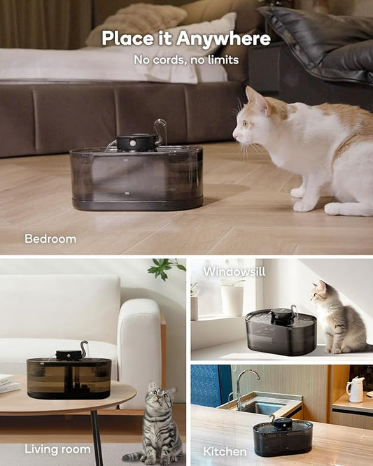 Cat Water Fountain Cordless, 108oz/3.2L Cengcen Wireless Cat Fountains for Drinking, Pet Water Fountains for Cats Indoor, Automatic Cat Water Dispenser Battery Operated 5000mAh Rechargeable, Black