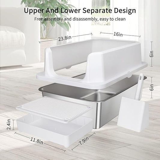RIZZARI Large Stainless Steel Cat Litter Box: Open Top Leak-Proof Large Cat Pan - Odor Control for Indoor Multi-Cat Homes (White, 23.8" L*16" W*12" H)