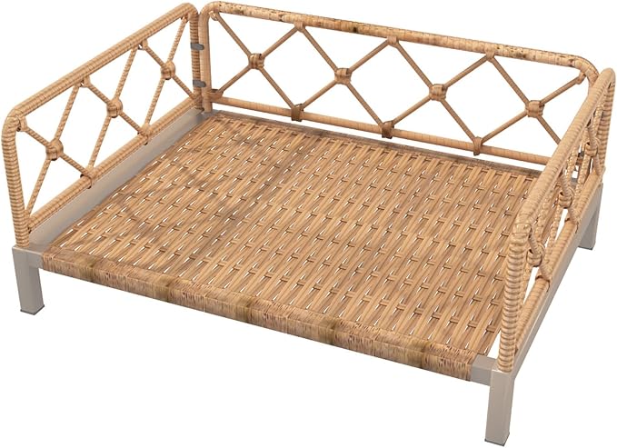 Outdoor Wicker Dog Bed Indoor Rattan Dog Sofa with Soft Cushion (Brown Wicker/White Cushion, Small)