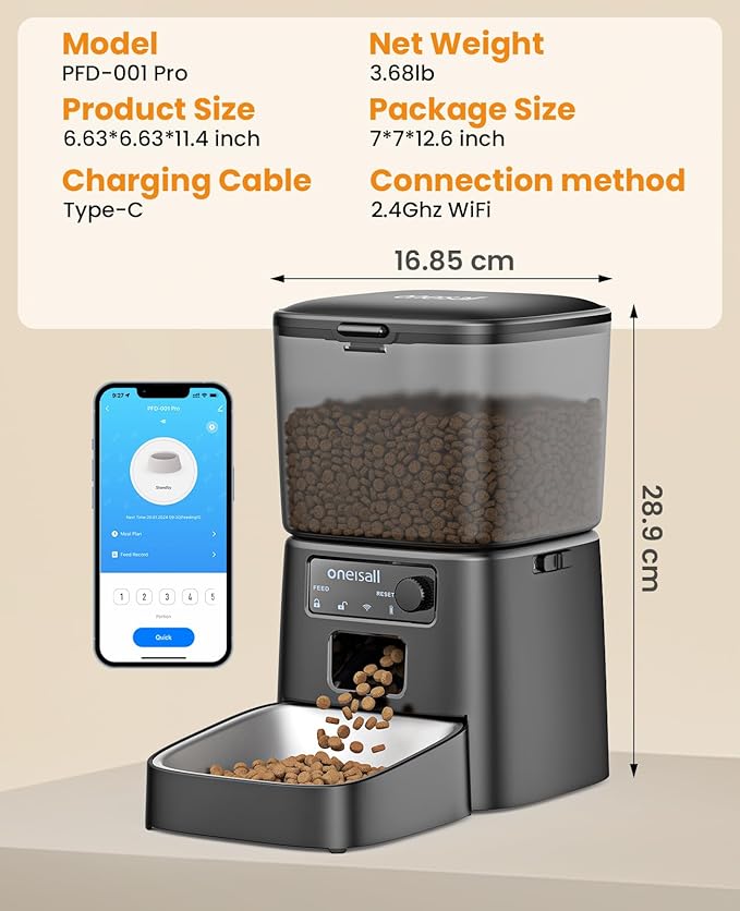 oneisall Automatic Cat Feeder, WiFi Cat Food Dispenser with App Control, Auto Cats Feeder Automatic for Dry Food, Smart Pet Food Dispenser with Portion Control for Small Pets Indoor