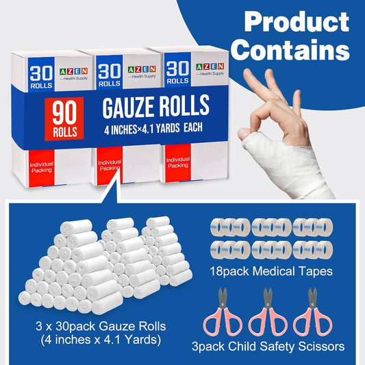 AZEN 90 Pack Gauze Rolls Bandages, 4 in x 4.1 Yards, Premium Medical Supplies & First Aid Supplies, Bandage Wrap Vet Wrap, Mummy Wraps (3 Boxes x 30 Rolls)