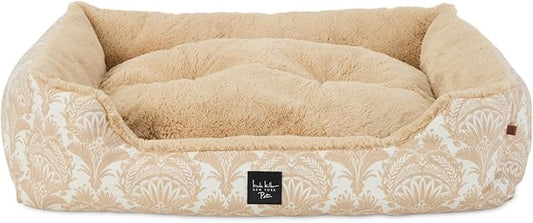 Nicole Miller New York PET Mod Damask Plushy Bolster Pet Bed, Cozy & Calming, Non-Slip Bottom, Machine Washable Cover, Taupe, Large 35"x28"x8"