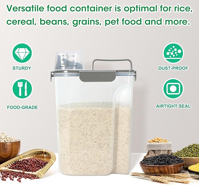 TBMax Airtight Rice Container 10 Lbs, Cereal Dispenser, Pet Cat Dog Food Storage Container, Plastic Kitchen Pantry Food Storage Holder with Cup -Dark Grey