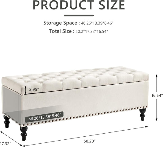 Ottoman with Storage,50.2-inch Upholstered End of Bed Storage Bench for Bedroom,for The Living Room,for Entryway, with Rivets & Button and Safety Hinges,Detachable (White)