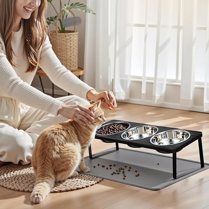 Elevated Cat Food Bowls with Mat Whisker Friendly, 15°Tilted Raised 3 Stainless Steel Cat Water Dishes Set for Anti Vomit, Black Pet Holder Stand Feeding Station for Indoor Kitten and Puppy