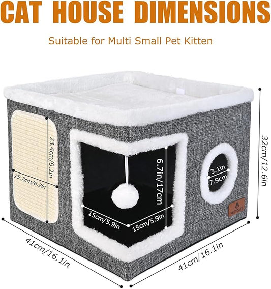Cat Beds for Indoor Cats - Foldable Cat Hideaway with Hanging Fluffy Ball and Scratch Pad, Large Cat Bed Cave with Reversible Cushion for Multi Small Pet Kitten, Grey