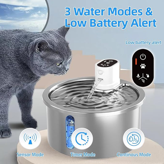 Stainless Steel Wireless Cat Water Fountain 3.2L/108oz Automatic Cat Water Dispenser 4000mAh Battery Operated Large Capacity Pet Water Fountains for Cats Dogs