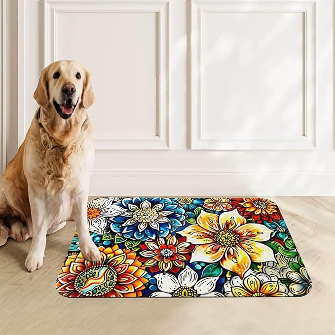 Colorful Mandala Dog Food Mat Absorbent Bowl Mats No Stains Quick Dry Waterproof Pet Cat Placemats for Food and Water, 30x45cm