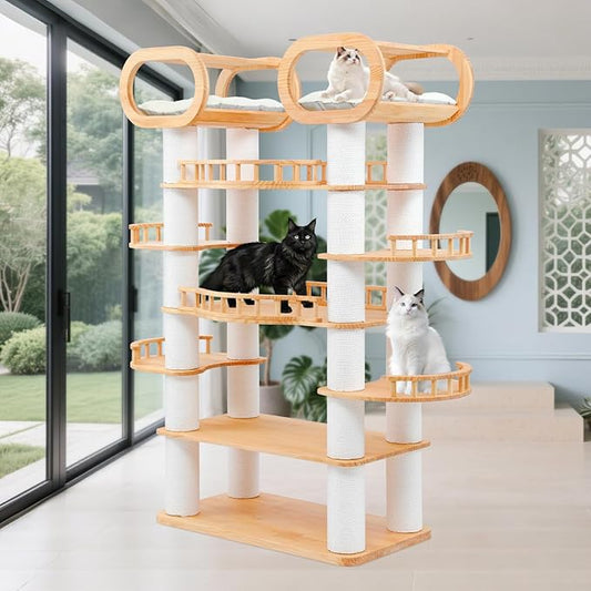 77" Tall Large Cat Tree,Solid Pine Wood Multi-Level Modern Cat Tower with Sisal Scratching Posts,Cat Condo and Removable Washable Cushions,Luxury Huge Cat House for Indoor Cats Large Adult