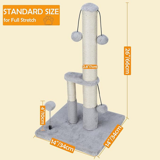 Dimaka Tall Cat Scratching Post, Double Lower Posts Extra Stable Cat Post Tree Scratcher with Sisal Rope and Teasing 4 Balls Total Large Base (Grey)