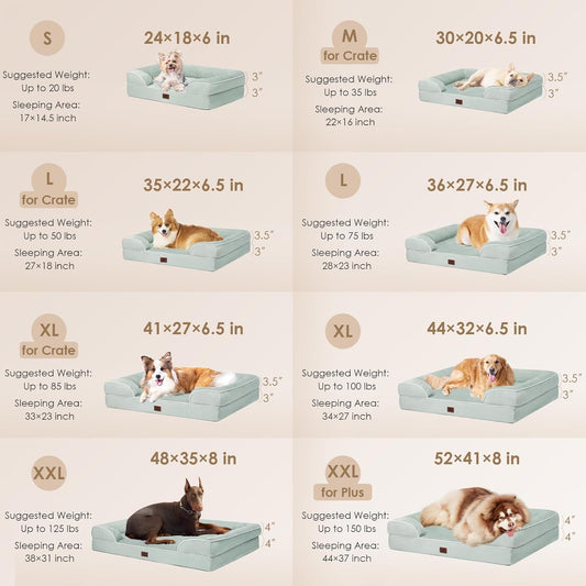 EHEYCIGA Orthopedic Dog Beds for Extra Large Dogs, Waterproof Memory Foam XXL Dog Bed with Sides, Non-Slip Bottom and Egg-Crate Foam Big Pet Couch Bed with Washable Removable Cover, Sage Green