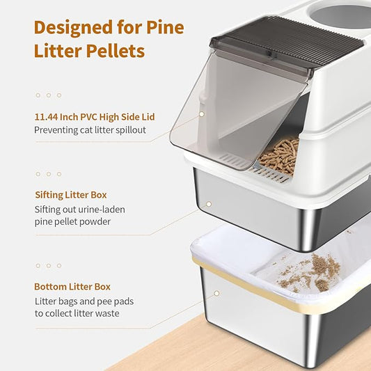 Stainless Steel Sifting Litter Box, Fully Enclosed Sifting Cat Litter Box with Lid, 23.6"L x 15.7"W x 19.44"H Multi-Purpose Stainless Steel Litter Box Enclosure, Anti-Leakage, Easy Clean for Big Cats
