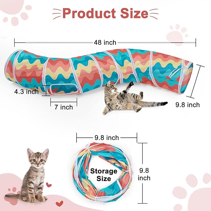 Glittme Cat Tunnel, Cat Tunnels for Indoor Cats, S-Shape Cats Cave with Cat Toys, Foldable Cat Tubes and Tunnels for Cats, Rabbit, Puppy, Guinea Pig