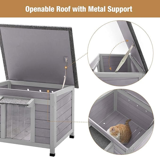 GUTINNEEN Outdoor Cat House Insulated Cat House Weatherproof Feral Cat Shelter with Hinged Asphalt Roof & Covered Opening, PVC Door Curtain, Raised Floor for Cats