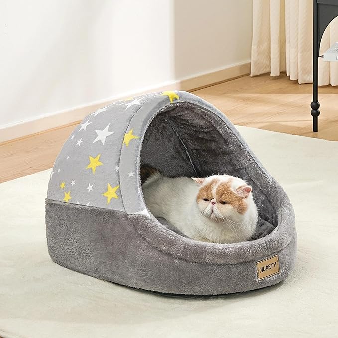 Jiupety Cute Cat Beds for Indoor Cats, Cat Cave Bed for Kittens, Burrowing Cat Bed & Puppy Bed with Anti-Slip Bottom, Washable Removable Cushion, L(19"x17"x16"), Gray Star