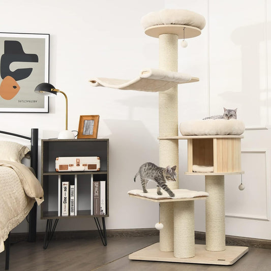 Tangkula Modern Cat Tree, Multi-Level Large Cat Tower with Condo, Hammocks & Hanging Basket, Tall Cat Tree with Sisal Posts, Washable Cushions, Wood Cat Trees and Towers for Indoor Large Cats