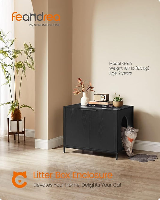 Feandrea Litter Box Enclosure, Modern Cat Litter Box Furniture Hidden, with Handles, Magnetic Locks, Cat House, Side End Table, 28.5 x 19.5 x 23 Inches, Ebony Black UPCL011B02