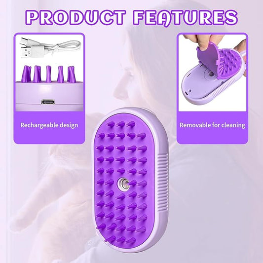 Spritz Defur Comb for Cats, New 3-in-1 Cat Steam Brush for Massaging and Cleaning Shedding Pets, Comb for Long and Short Hair Cats and Dogs Grooming Tool (Purple)