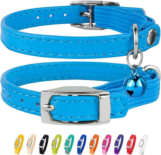 CollarDirect Leather Cat Collar, Kitten Collar with Removable Bell Black Blue Red Orange Lime Green (6-7 Inch, Light Blue)
