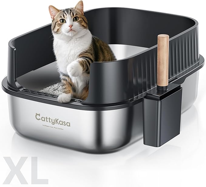 Stainless Steel Large Cat Litter Box, XXL Cat Litter Box with High Sides,Easy to Clean,Non-Sticky,Leak and Splash Proof(Gray),with Cat Litter Scoop.