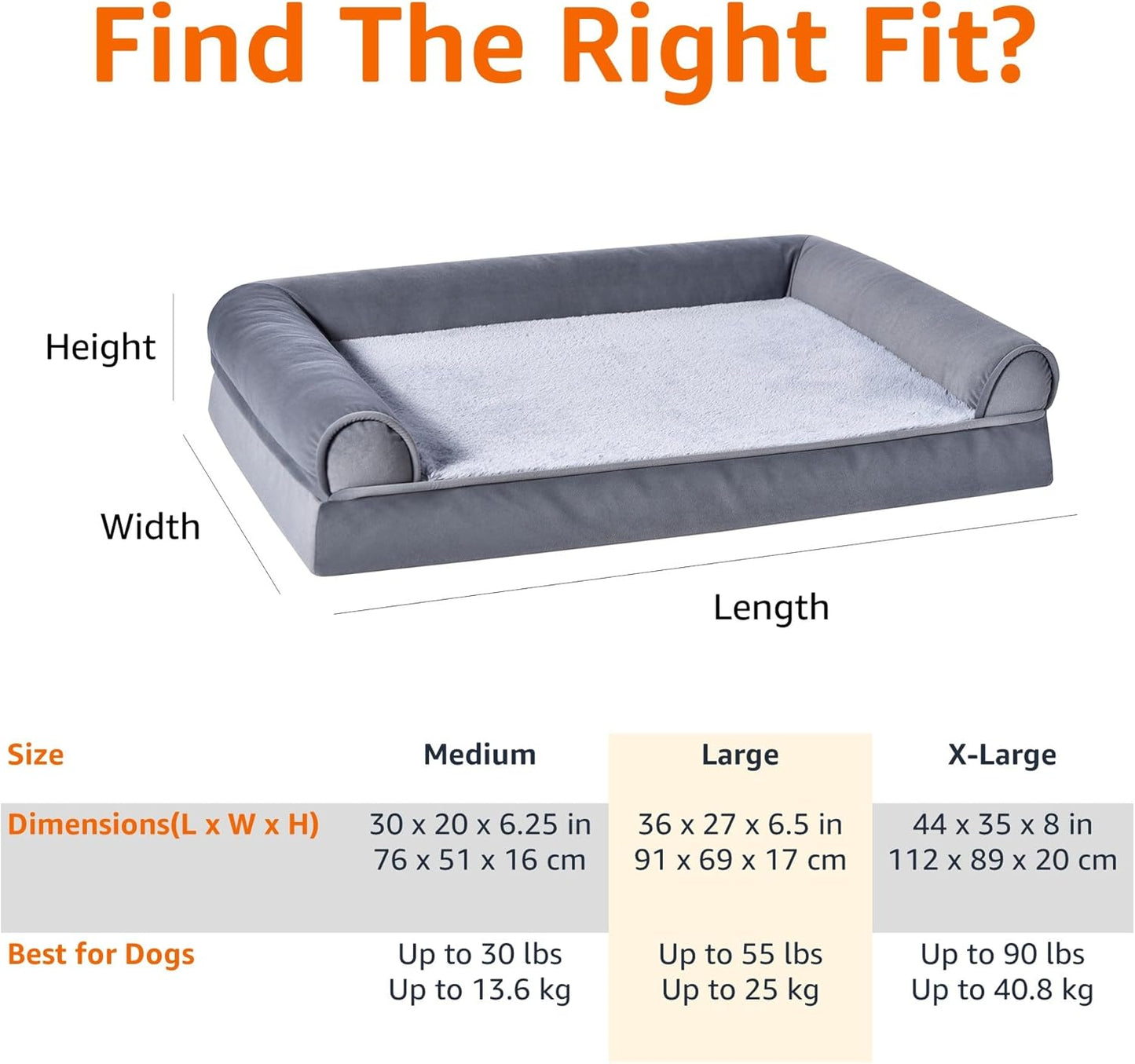 Amazon Basics Living Room Couch Dog Bed with Premium Foam, Pressure-Relief Support for Dogs up to 55lbs, Machine Washable Cover, Large Sized (36" x 27"), Grey