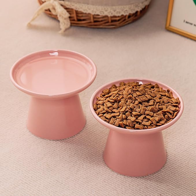 6.2 Inch Extra Wide Elevated Ceramic Cat Bowls, Food and Water Bowl Set for Elder Big Cats Small Dogs, Raised Design for Pet Easy Eating, Protect Cat's Spine Set of 2(Pink)