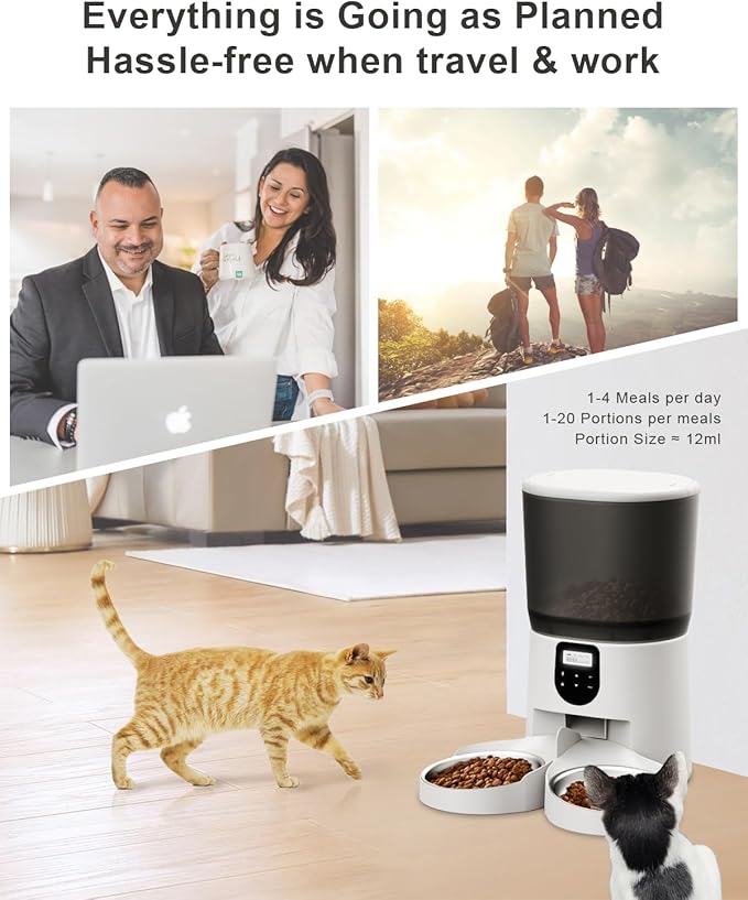 Automatic Cat Feeders for 2Cats, 6L/25cup Automatic Cat Food Dispenser with 2 Stainless Pet Bowls,10s Meal Call Timer Setting 20 Portions 6Meals Per Day, Timed Pet Feeder for Cats Dog Indoor Dry Food