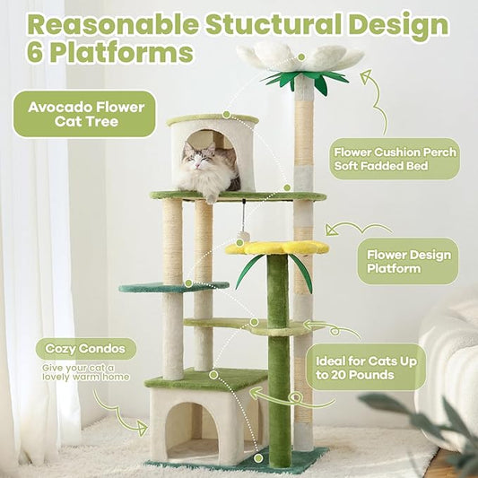 HYABi 64-Inch Cute Avocado Flower Large Tall Garden Cat Tree Tower Condo House Furniture Bed Plush Ball Activity Platform Multi-Level with Scratching Posts for Indoor Cats Play