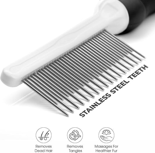 POODLIE Poodle Pet Dog Combs for Grooming Matting - Metal Comb for Dogs with Long & Short Stainless Steel Teeth - Dematting Comb for Cats to Remove Matted Hair & Knots, Black
