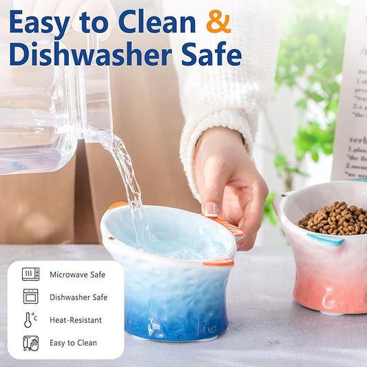 Tioncy 2 Pcs Raised Tilted Ceramic Cat Food Bowl Fish Shape Cute Elevated Slanted Shallow Angled Cat Dish Non Slip Feeder Bowl for Anti-Vomiting and Whisker Fatigue(Blue, Pink)