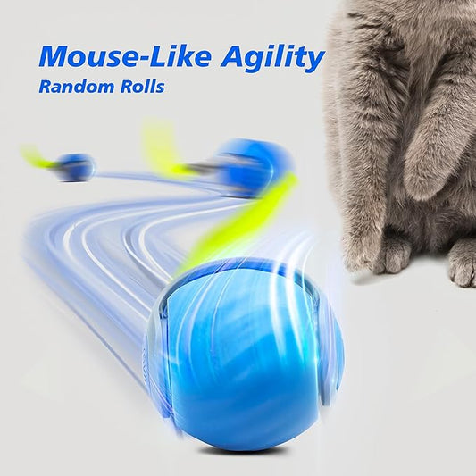 Interactive Cat Toy for Indoor Cats, Speedy Ball with Tail, Automatic Moving Cat Balls for Bored Indoor Adult Cats, 360°Automatic Rolling Ball Toy, Two Speed Adjustment(Blue)