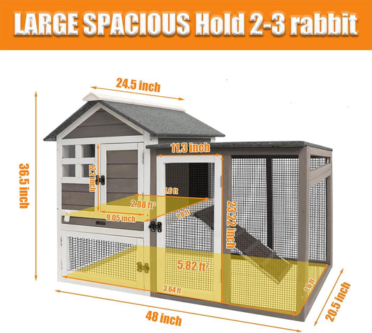 Rabbit Hutch-Indoor Outdoor Rabbit Hutch with Pull Out Tray Large Rabbit Hutch FirWood Bunny Hutch Indoor Guinea Pig Cages Waterproof Asphalt Roof, GREYWHITE, RAB HUTCH#17 (RAB17)