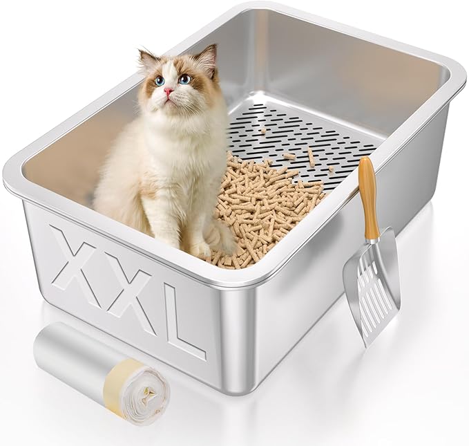 XXL Stainless Steel Sifting Litter Box for Big Cats,Metal Sifting Cat Litter Box for Wood Pine Pellets,Extra Large Sifter Litter Pan System,Odor Control,Easy to Clean,with Liners and Metal Scoop