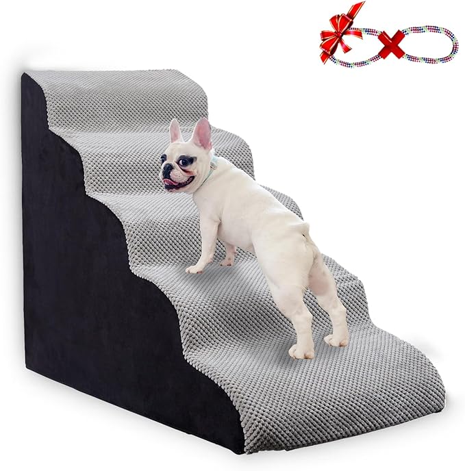 Dog Steps for Bed 24.4" High, Curved 5-Step Dog Stairs for Small Medium Dogs, PetDog Steps for Beds/Couch 22-26 in, Non-Slip Dogs Ramp with 35D High-Density Foam, Grey