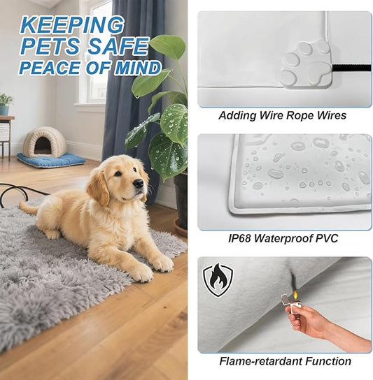 Dog Heating Pad, 47×30 in Waterproof Heated Dog House, Upgraded Smart Thermostat Heated Dogs Bed with Wire Rope, Detachable Plush Mask, Whelping Box-Grey