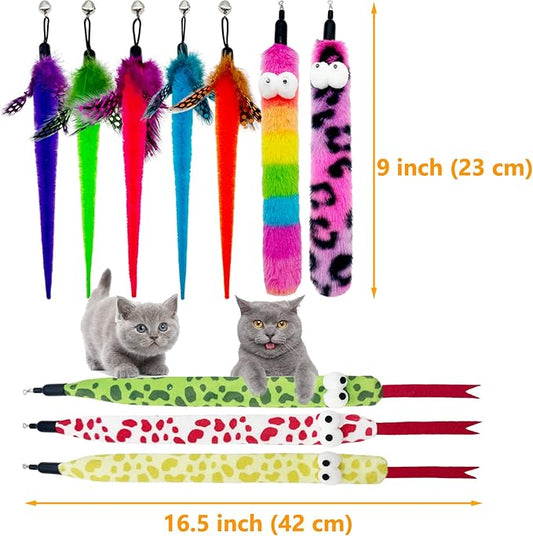 Cat Wand Replacement Feather Worm Snake, 10 Pieces Cat Wand Attachments Assorted Snakes Worms Feathers Refill Toy for Indoor Cats (A)
