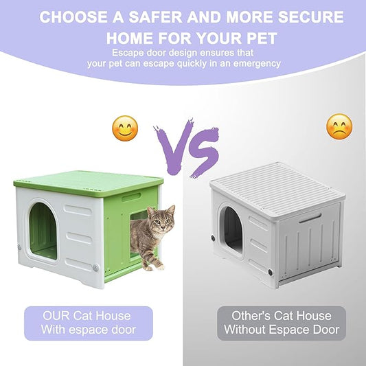 Waterproof Cat House for Outdoor Cats, Plastic Feral Cat House with Escape Door and Soft Mat, Large Indoor Cat House for Mutiple Cats - Green