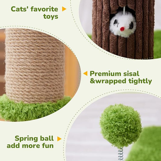 33" Tall Cat Scratching Post for Indoor Cats, Premium Sisal Scratch Posts with Cat Toys and Fun Mouse Holer for Cats at All Ages, Scratcher Tree with Reinforced Stable Base (Green)