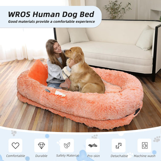 Human Dog Bed, 71''x45''x12'' Size Fits You and Pets, Washable Faux Fur Pet Bed for People Doze Off, Napping Orthopedic Dog Bed, Present Plump Pillow, Blanket, Strap - OrangeWhite