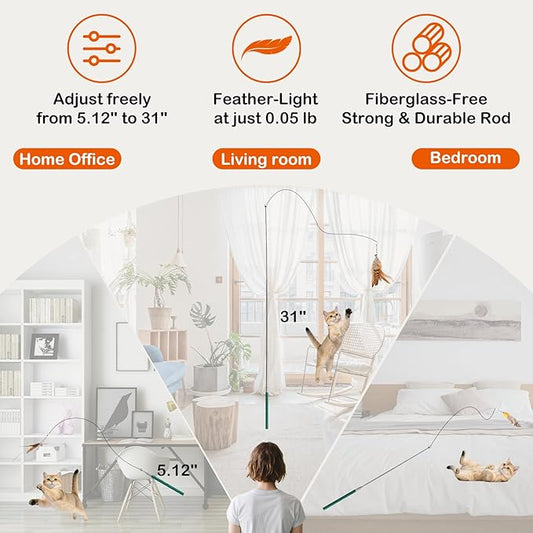 Cat Wand Toy – Retractable Wand with 4 Feather Toy Refills for Indoor Cat Enrichment, Interactive Toy for Bored Adult Cats and High-Energy Kittens (FlutterFlick Series)
