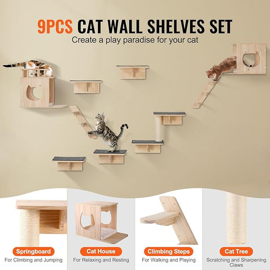 VEVOR Wall Mounted Cat Shelves, Perches with Jumping Boards,Hammocks & Cat Tree, Cat Furniture and Shelves up to 40 lbs for Sleeping, Playing, Climbing, Set of 9