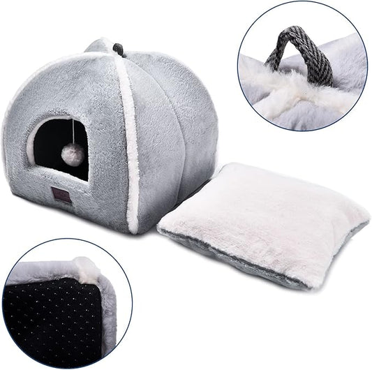 Cat Bed for Indoor Cats - Cat Cave Bed Cat House Cat Tent with Removable Washable Cushioned Pillow, Soft and Self Warming Kitten beds, Pet Bed(Large Grey)