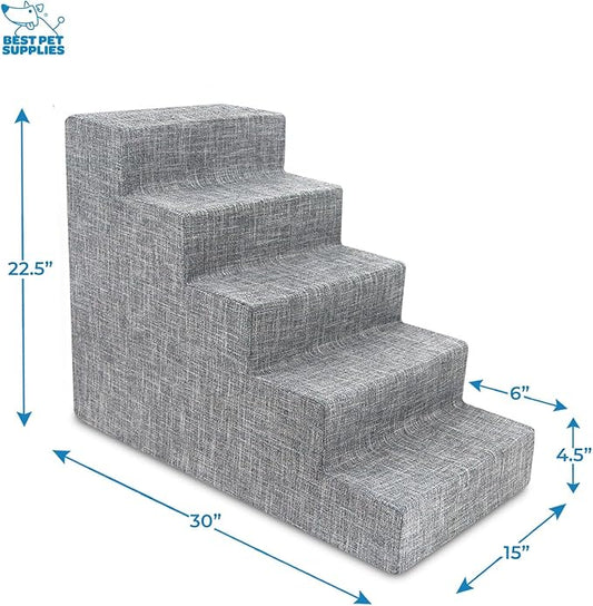 Best Pet Supplies Dog Stairs & Steps - Foam Steps for Small Dogs & Cats, Non-Slip Indoor Balanced Pet Step Support, Dog Ramp, No Assembly, Ash Gray Linen, 5-Step (22.5-inch Height)