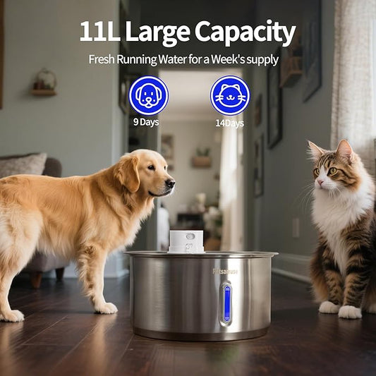 11L Wireless Smart Stainless Steel Water Fountain, Petsamuse 5000MAH Battery 2.8Gal Large Dog Water Fountain with 2 Quiet Pumps Large Dog Water Dispenser with Motion Sensor, Timer Mode & 15 Filters