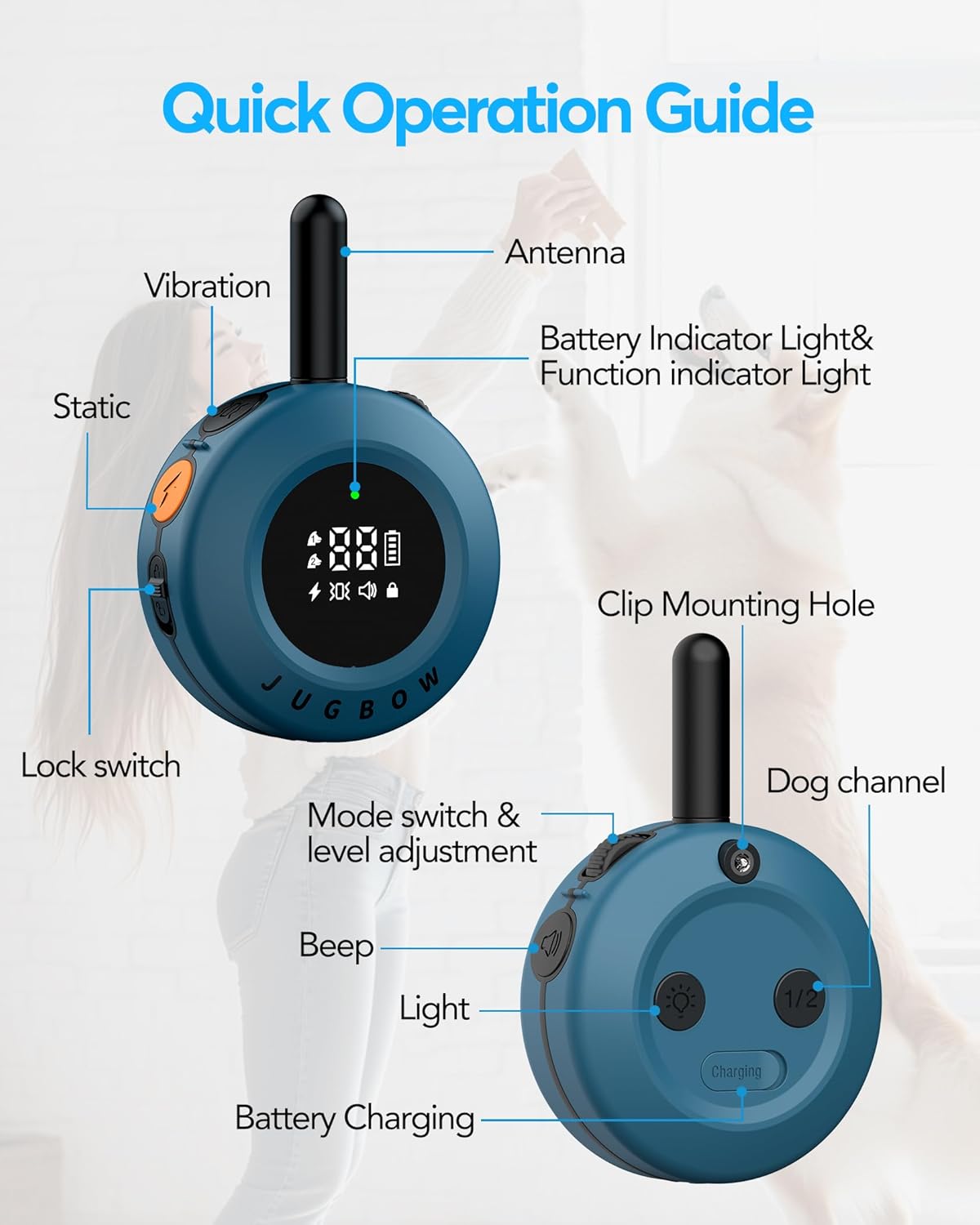 Jugbow Dog Training Collar - 3/4 Mile Remote Dog Shock Collar with 3 Training Modes, Electric Collars with LED Light & Security Lock, IPX8 Waterproof Rechargeable E-Collar for Large Medium Dogs (Blue)