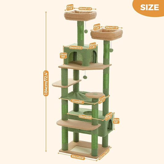 PAWZ Road Large 72 Inches Cat Tree and Tower for Indoor Cats - with Sisal-Covered Scratching Posts, Padded Perches, Condos, and Basket - Green
